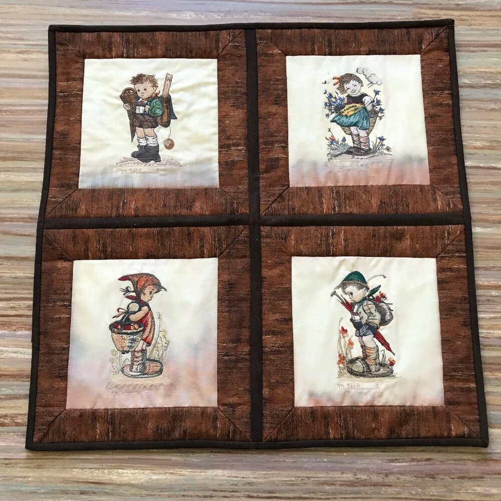 Vintage Children Embroidered Quilted Fabric Wall Hanging Home Made MJ Hummel